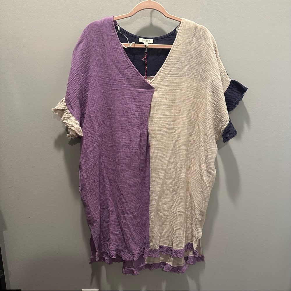 Umgee Purple and Cream color block Textured Tunic swim cover cotton